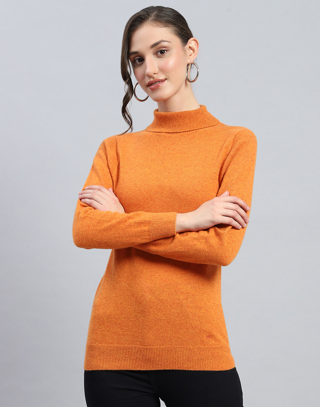 Women Orange Solid Turtle Neck Full Sleeve Winter Top