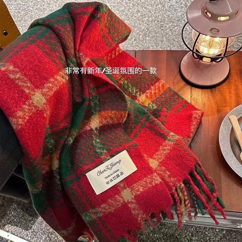 Plaid Scarf Women's Winter High-grade Gradient Mohair Thickened Warm Scarf New Cashmere-like Shawl