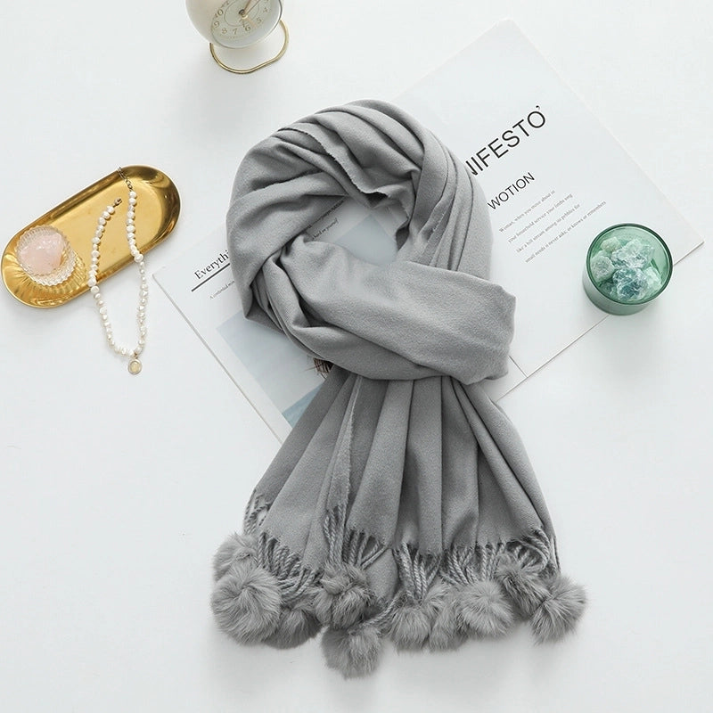 Cashmere Wool Scarf Women's Autumn And Winter High-grade Solid Color Ball Scarf Shawl Fur Ball Imitation Cashmere Scarf
