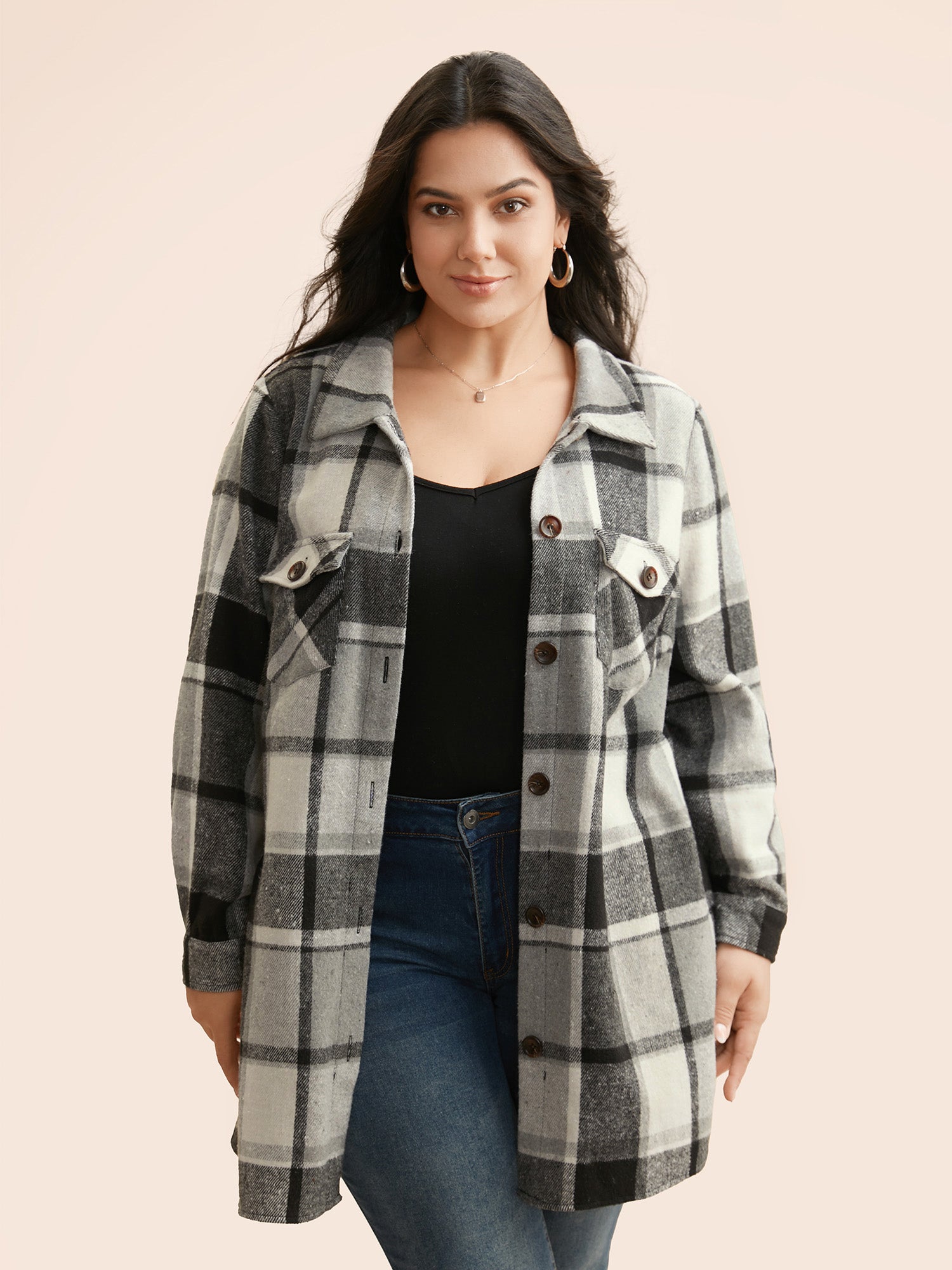 Plaid Chest Pockets Long Jacket