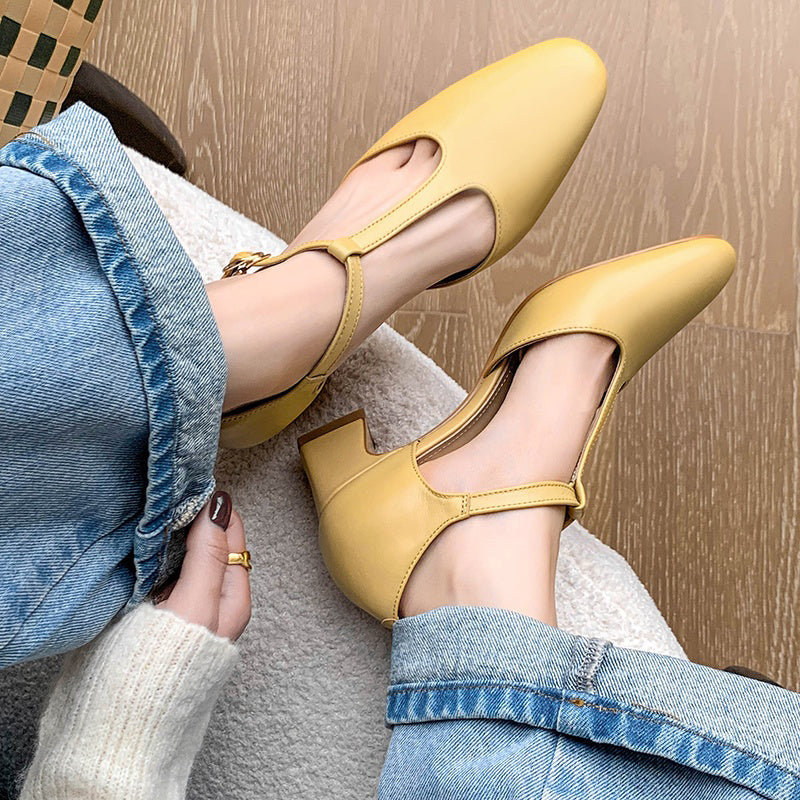 50mm Block Heel Leather T-Strap Mary Jane Summer Shoes in Yellow/White