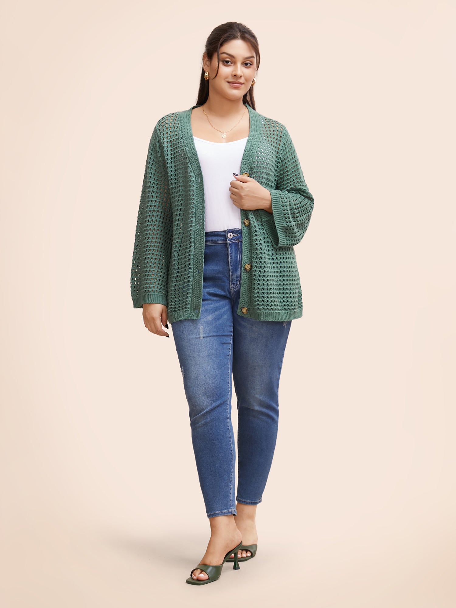 Cotton Texture Cut Out Bell Sleeve Cardigan