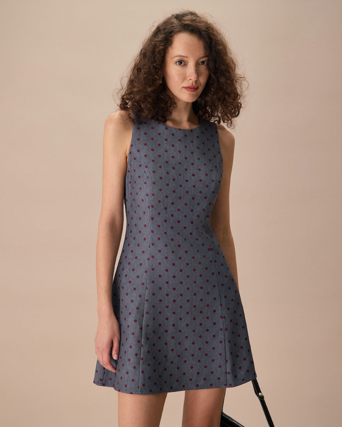 The Grey Round Neck Polka Dot Mini Dress