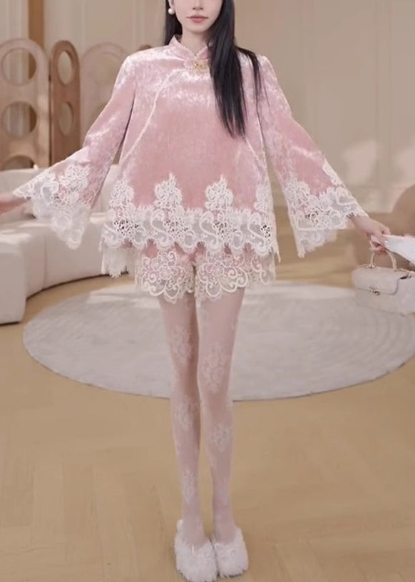 Cute Pink Stand Collar Lace Patchwork Silk Velvet Shirts And Shorts Two Pieces Set Fall