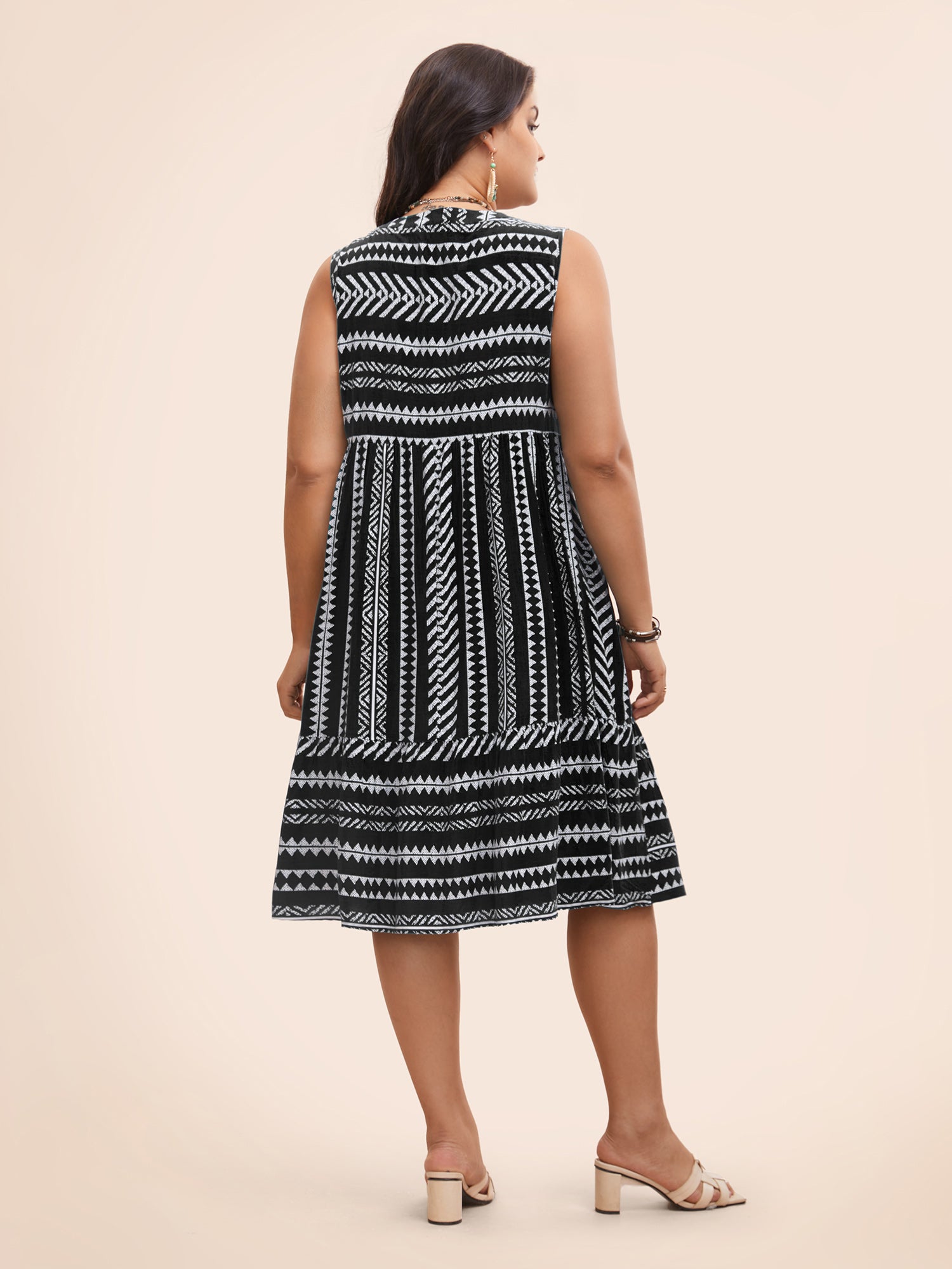 Striped Geometric Pocket Ruffle Hem Sleeveless Tank Dress