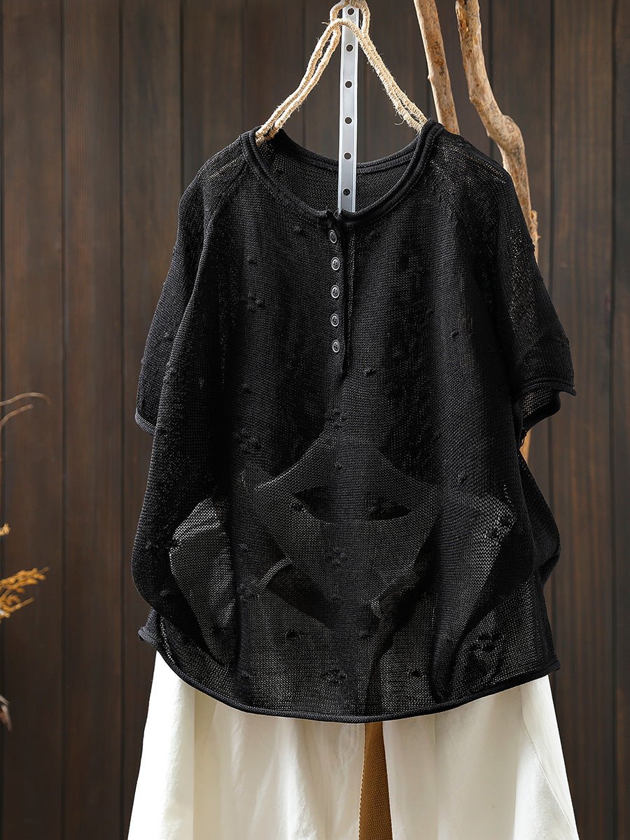 Women Summer Casual Jacquard Knitted O-Neck Shirt