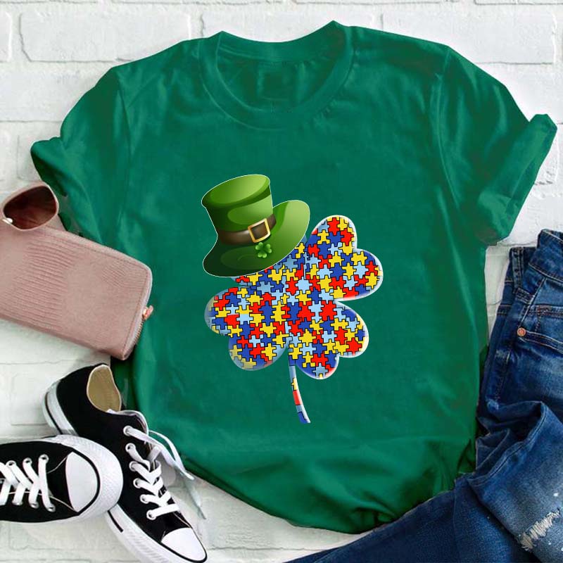 Puzzle Clover Wearing Leprechaun Hat Teacher T-Shirt