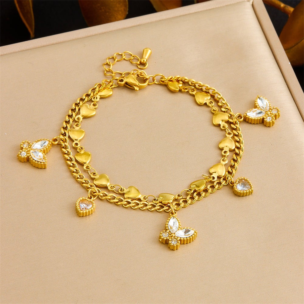 Fashion Stainless Steel Double-Layered Heart-Shaped Diamond Butterfly Heart-Shaped Bracelet
