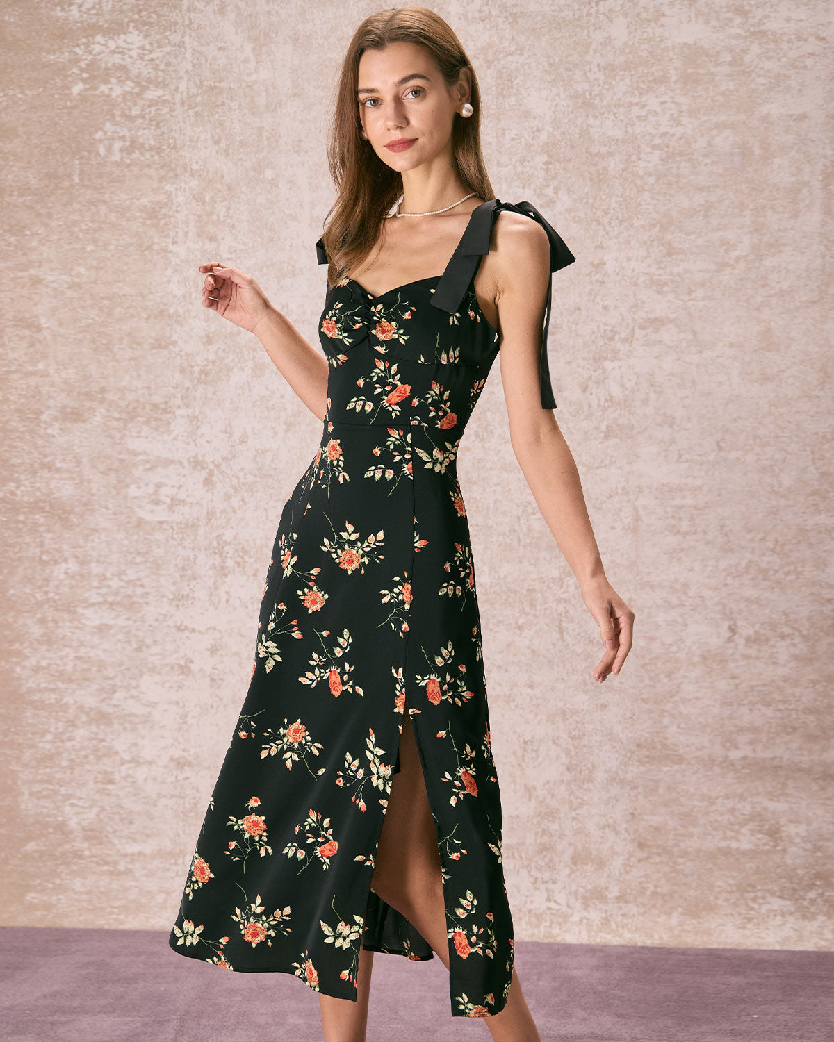 The Black Floral Ruched Tie Strap Slit Midi Dress