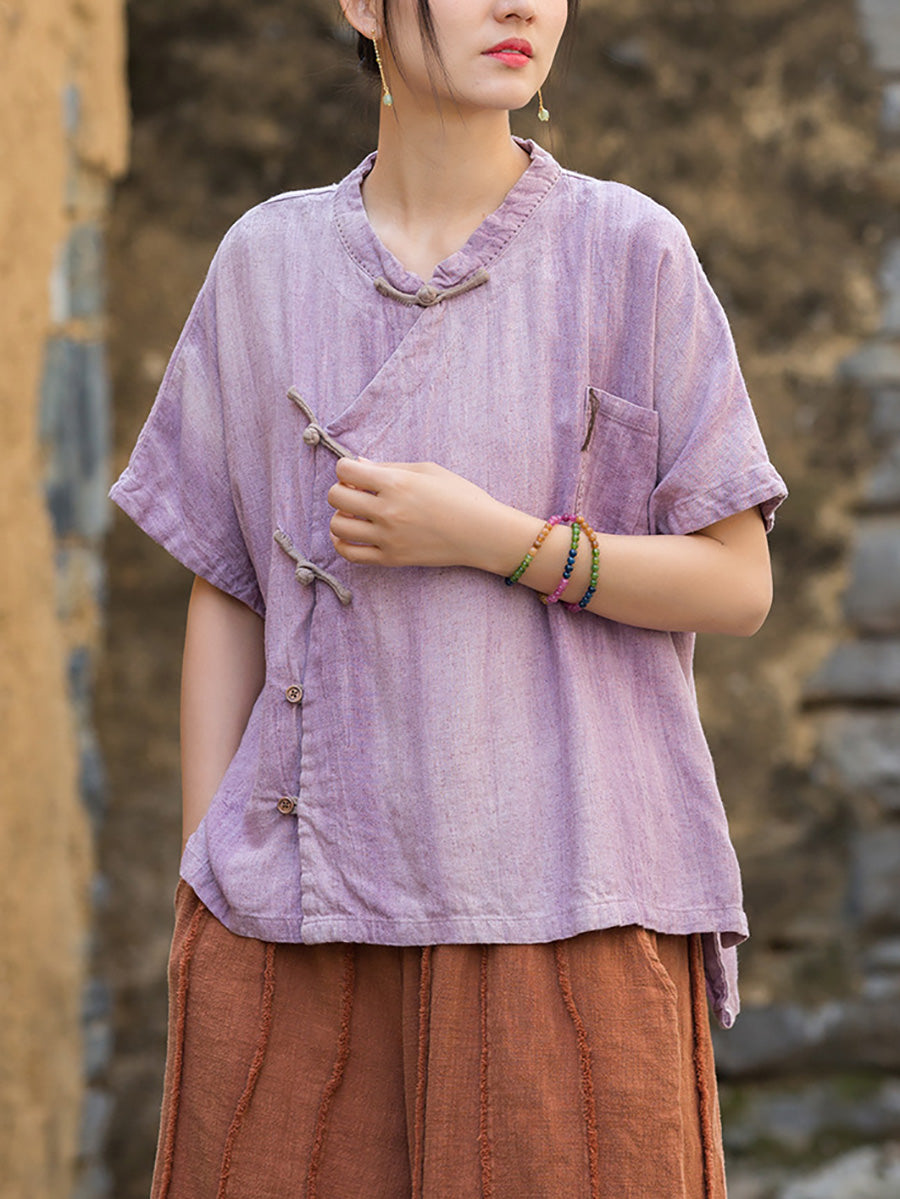 Women Summer Ethnic Pure Color Stand Collar Linen Shirt