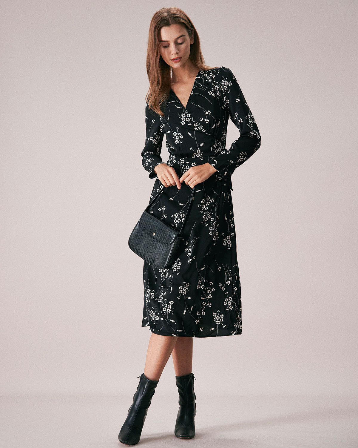 The Black V Neck Wrap Floral Midi Dress