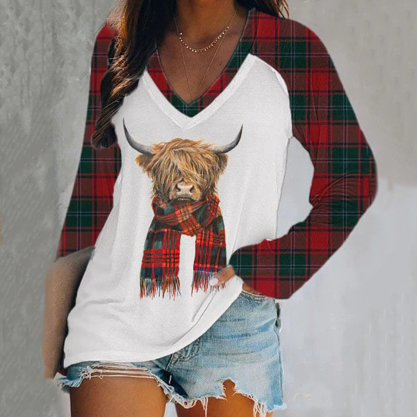 Western Style Highland Cow Printed V-Neck Long Sleeve T-Shirt