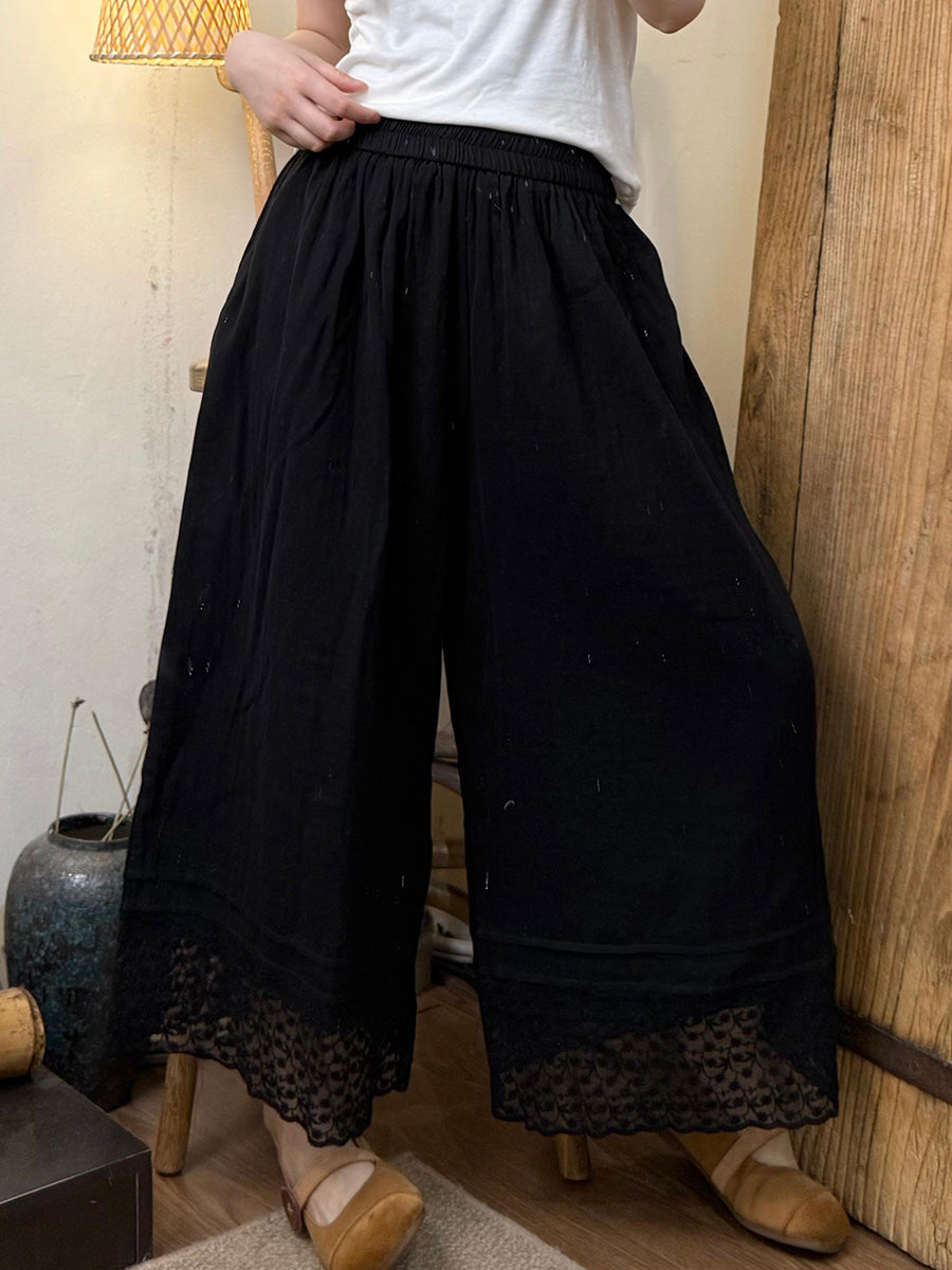 Women Summer Artsy Lace Hem Cotton Wide-leg Pants