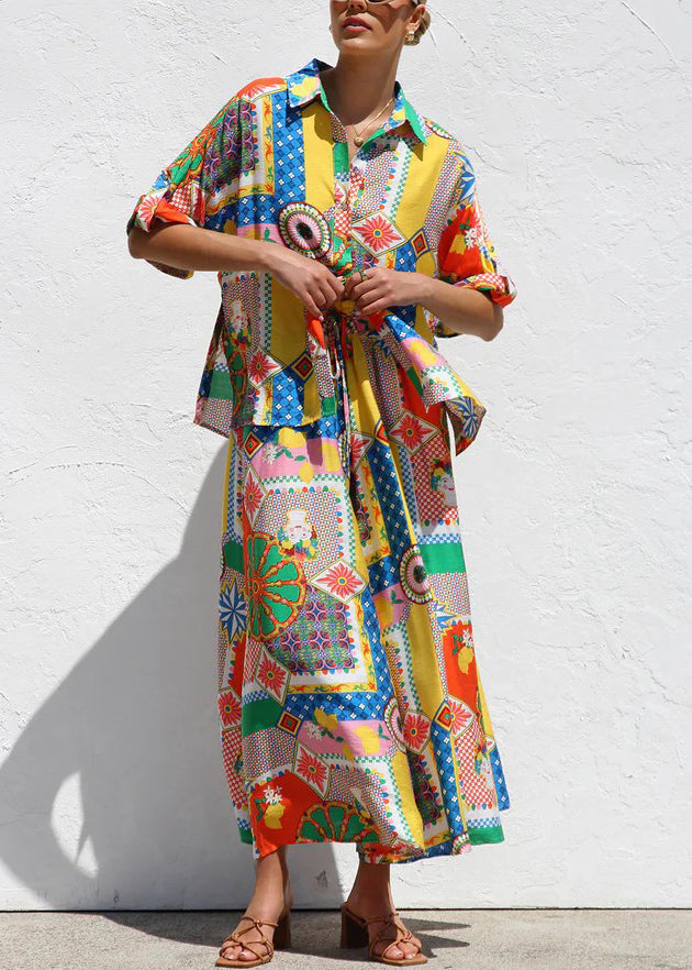 Boho Print Shirts And Maxi Skirts Two Piece Set Short Sleeve
