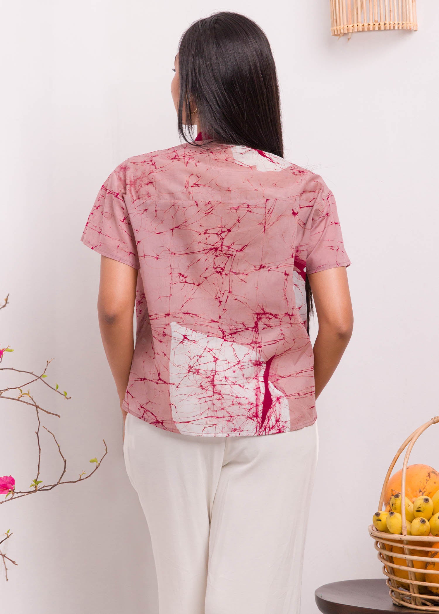 Anthurium Printed Batik Top with Chinese Collar