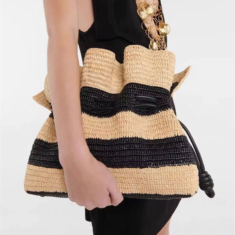 Women's Straw Stripe Vacation Square String Straw Bag