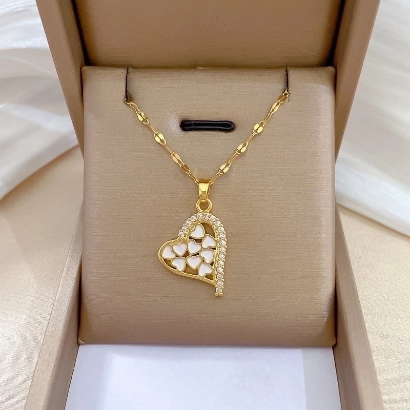 2 Pieces Minimalist Classic Style Geometric Heart Shape Titanium Steel Copper Zircon Pendant Necklace In Bulk