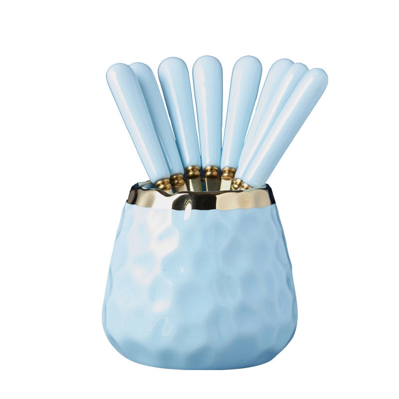 Simple Light Luxury Fruit Fork Spoon Ceramic Storage Cans Set Creative Fruit Sticks Household Stainless Steel Knife Fork Spoon