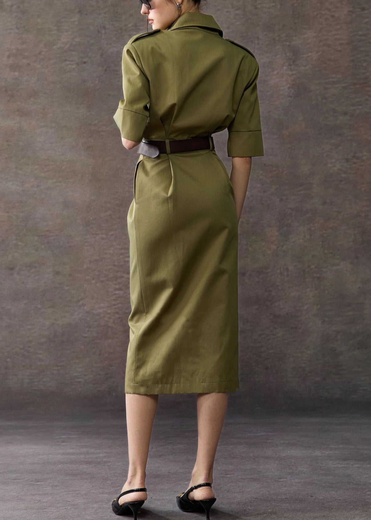 Original Army Green Notched Button Pockets Cotton Long Dress Summer