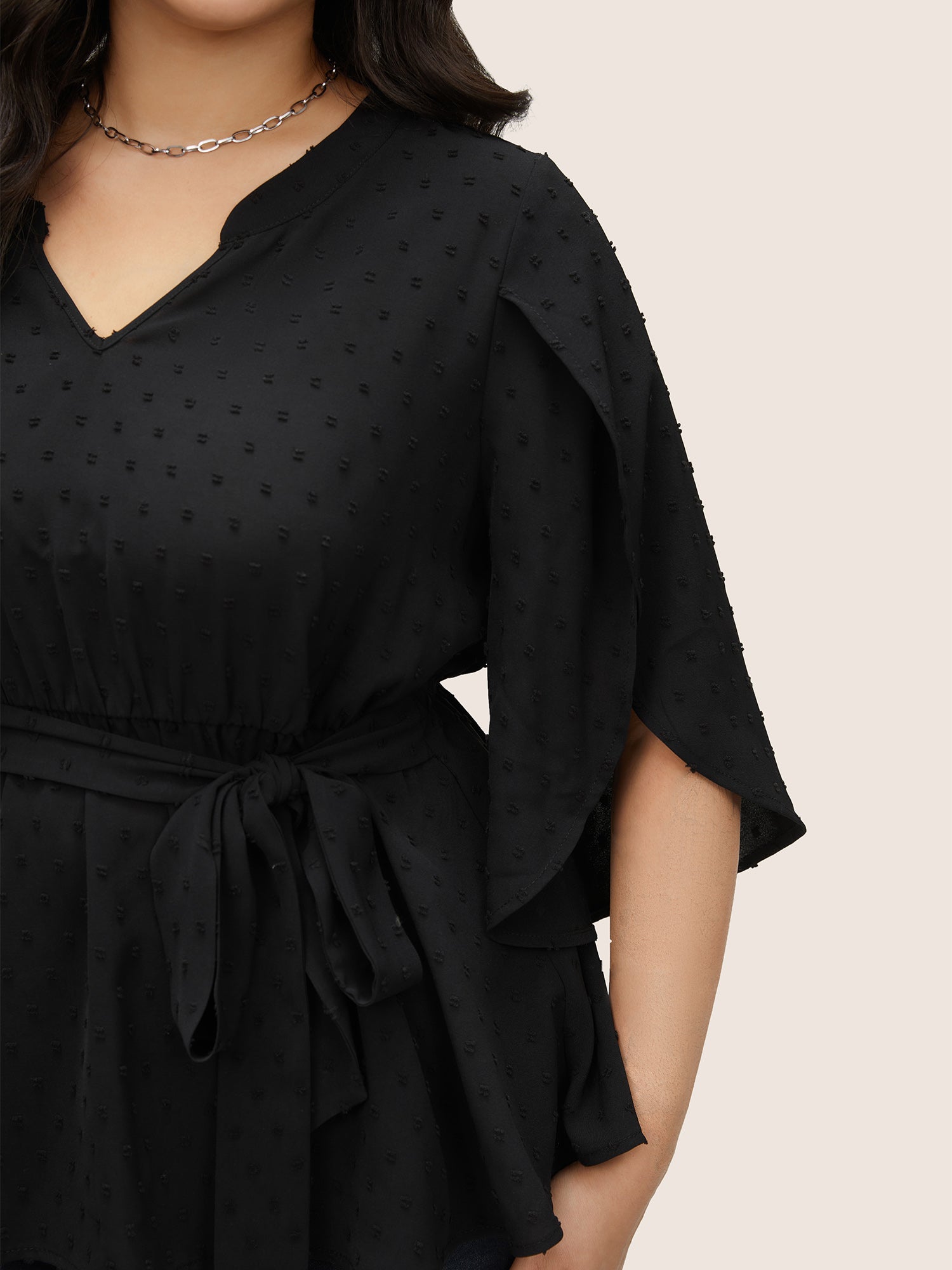 Plain Textured Petal Sleeve Ties Blouse