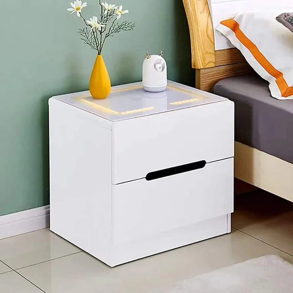 Wooden Bedside Drawer with LED Lighting Glass Top