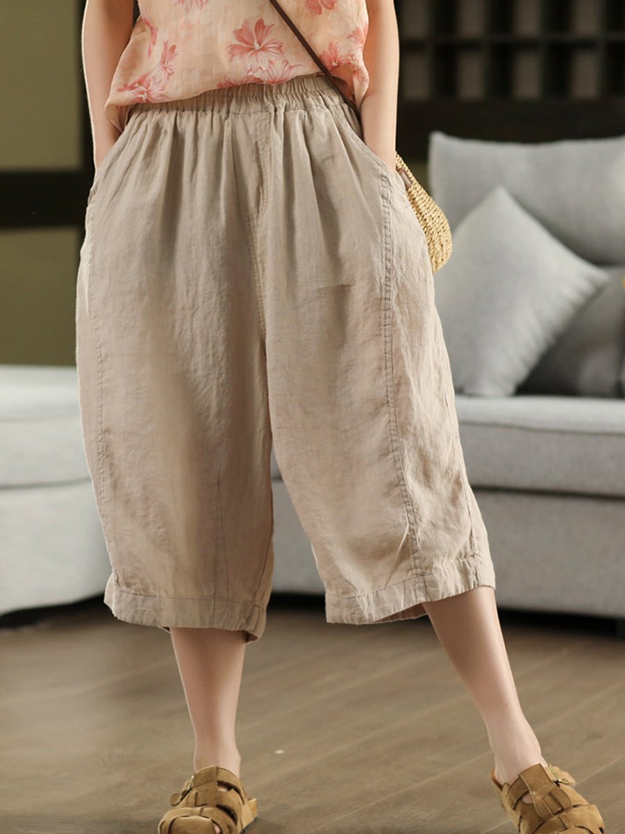Women Summer Vintage 100%Linen Wide-leg Cropped Pants