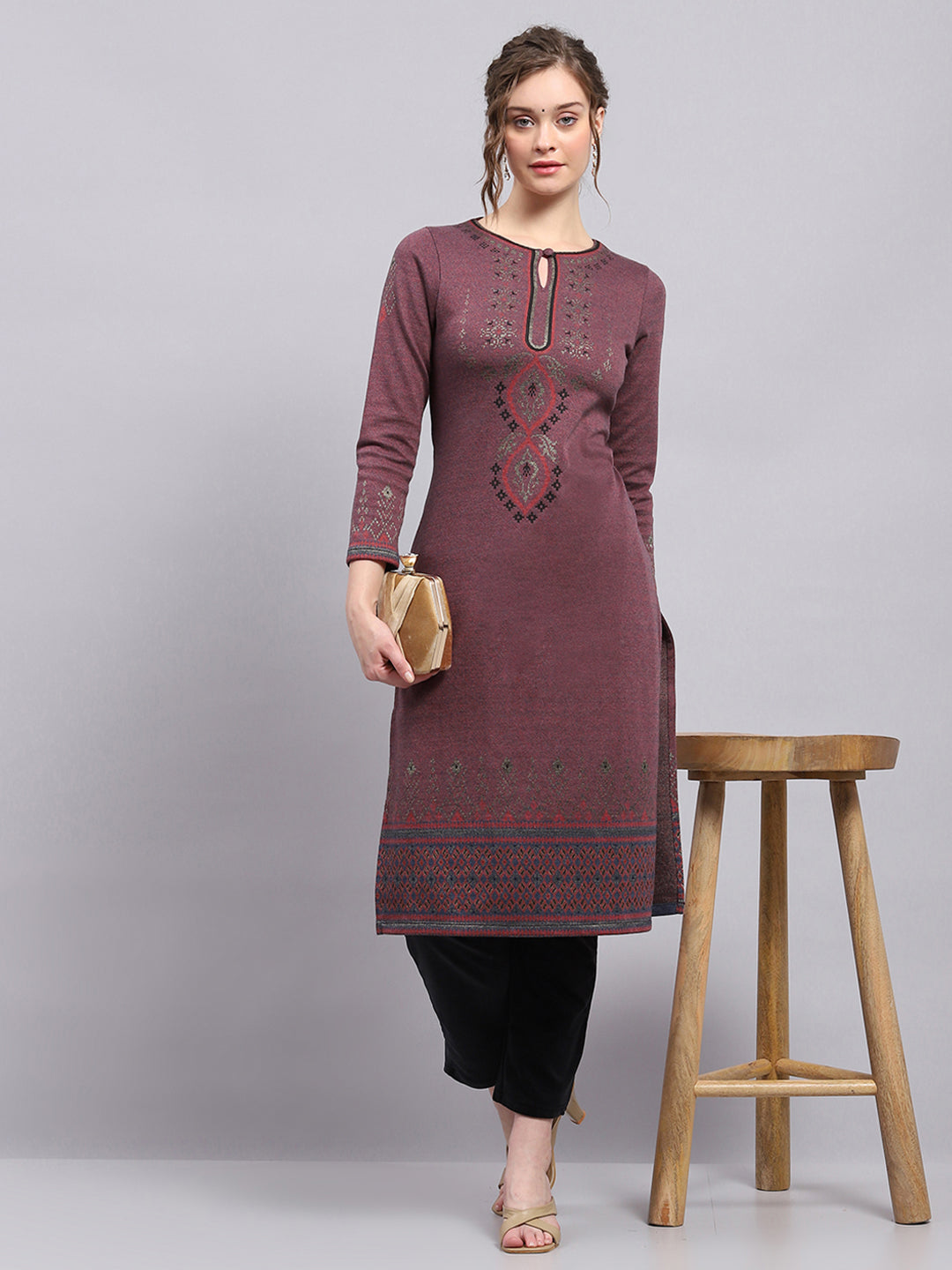 Women Purple Self Design Round Neck 3/4th Sleeve Winter Kurti