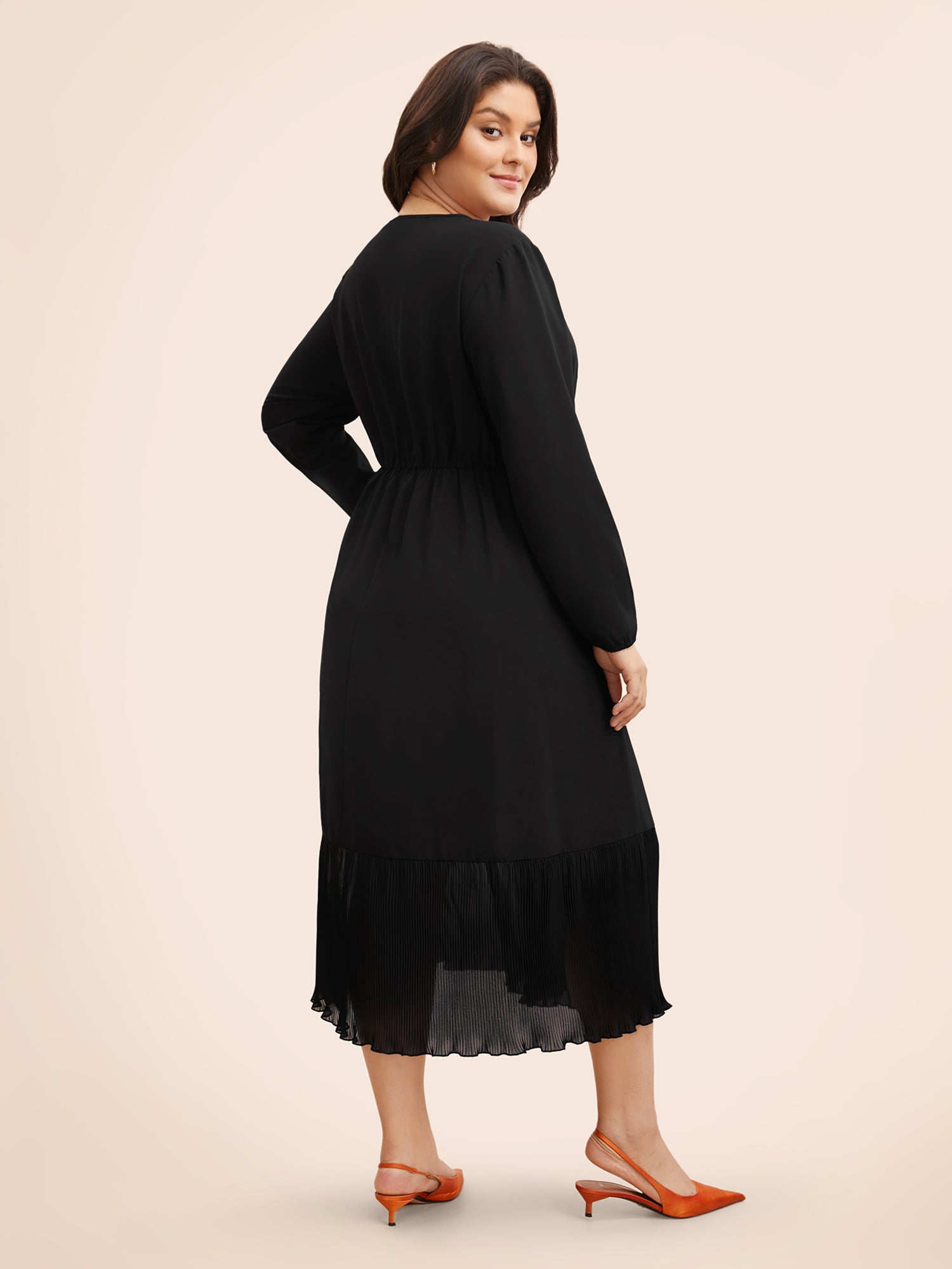 Mesh Patchwork Lantern Sleeve Pleated Dress