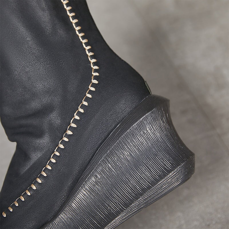 80mm Wedge Ankle Boots For Women Handmade Leather Designer Ankle Booties in Black/Coffee
