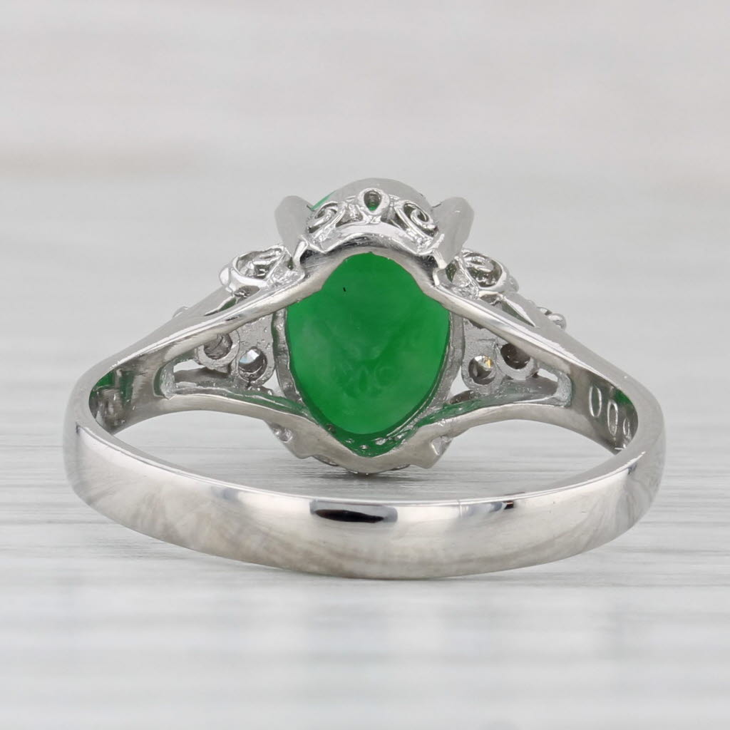Green Oval Cabochon Jadeite Jade Diamond Ring 900 Platinum Size 7.5