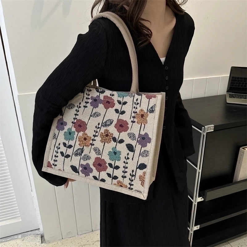 Women's Medium All Seasons Canvas Flower Streetwear Square Magnetic Buckle Tote Bag