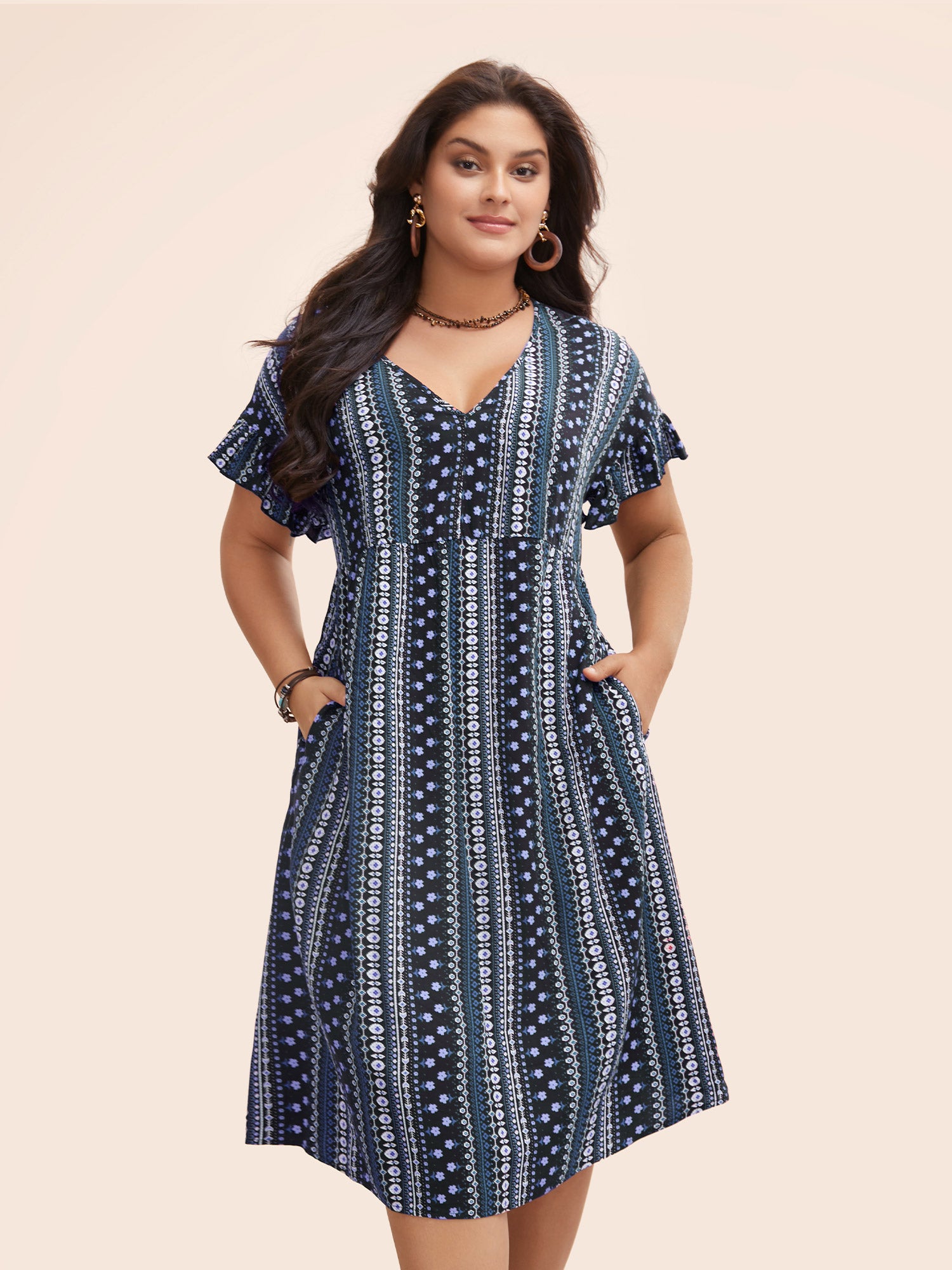 Bandana Print Pocket V Neck Ruffle Sleeve Dress