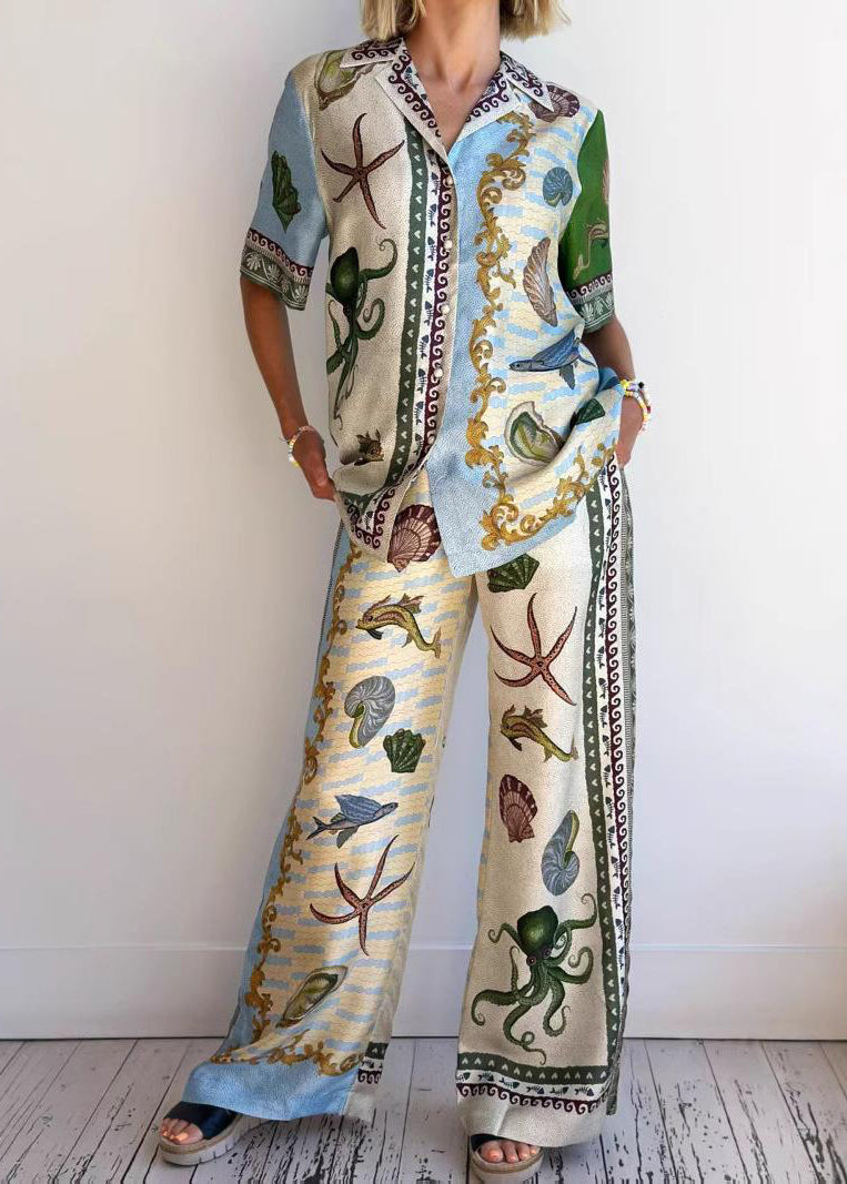 Plus Size Print Shirts And Wide Leg Pants Two Piece Set Summer