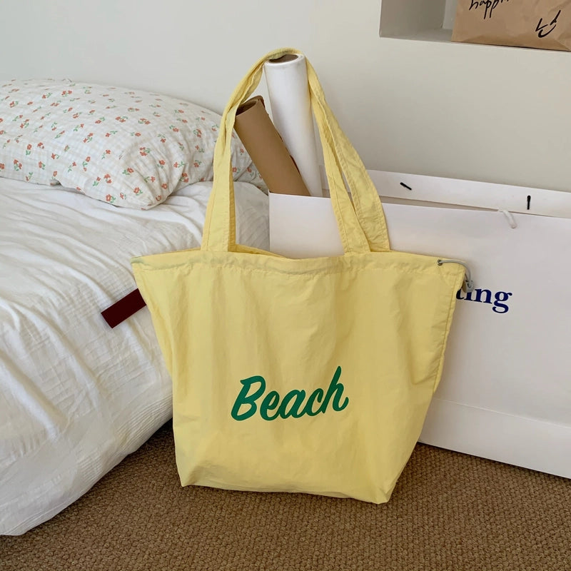 Women's Large Nylon Letter Elegant Streetwear Square String Tote Bag