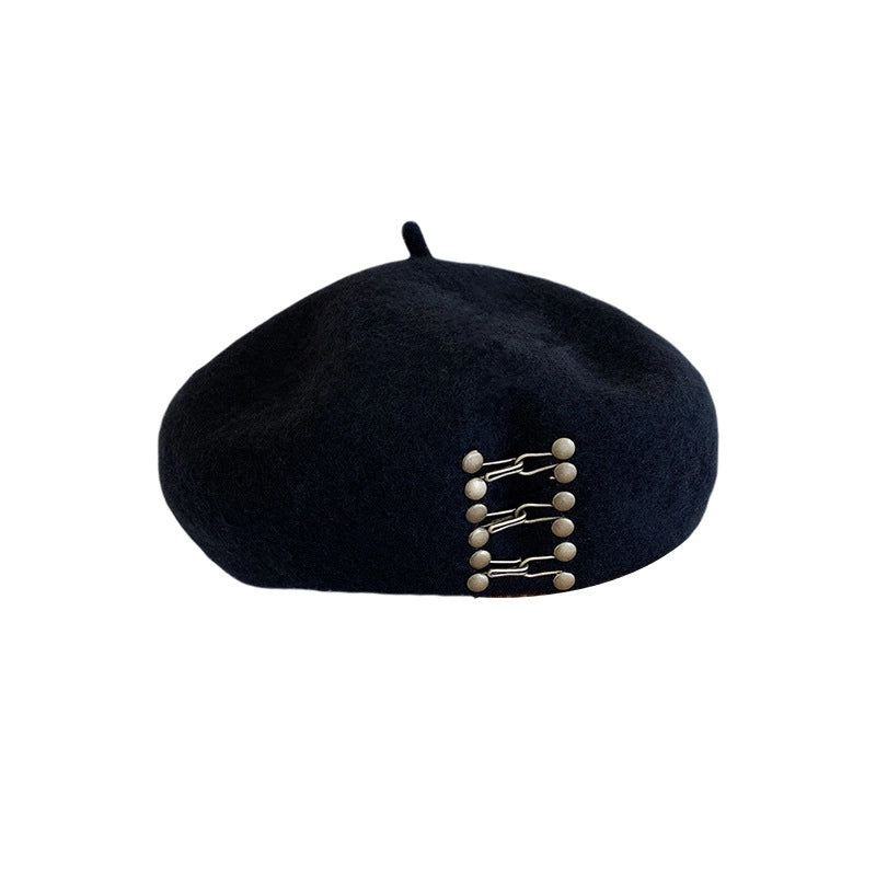 Women's Basic Retro British Style Solid Color Metal Button Eaveless Beret Hat