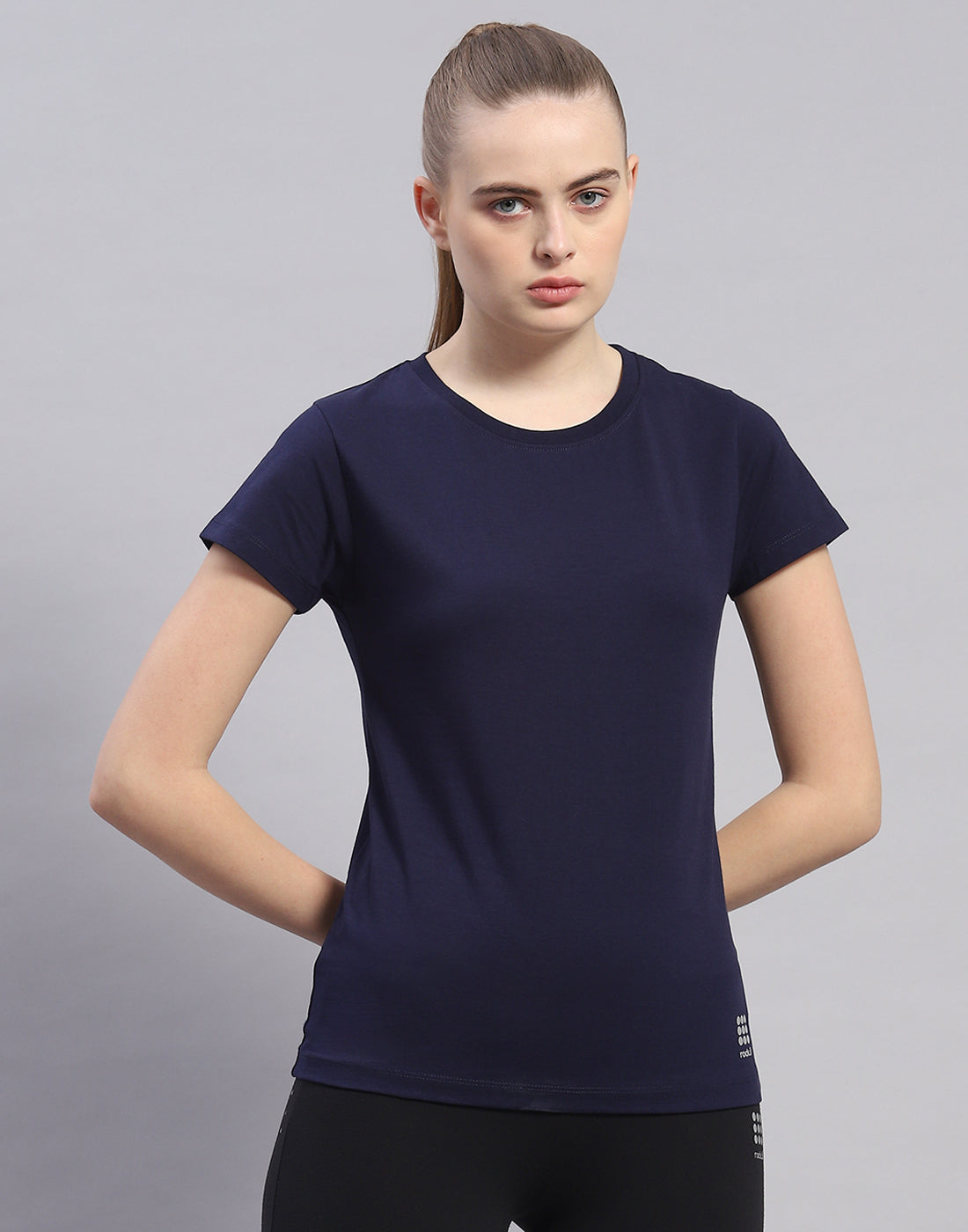 Women Navy Blue Solid Round Neck Half Sleeve Top