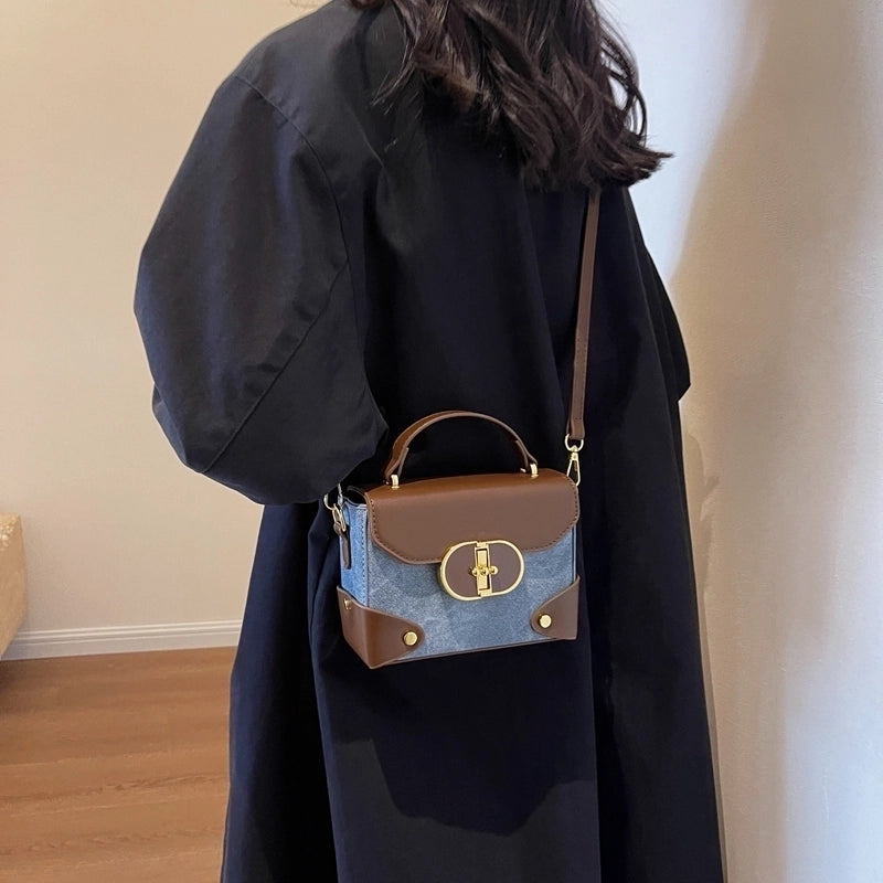 Women's Pu Leather Color Block Vintage Style Classic Style Streetwear Sewing Thread Metal Button Square Flip Cover Handbag Square Bag Box Bag