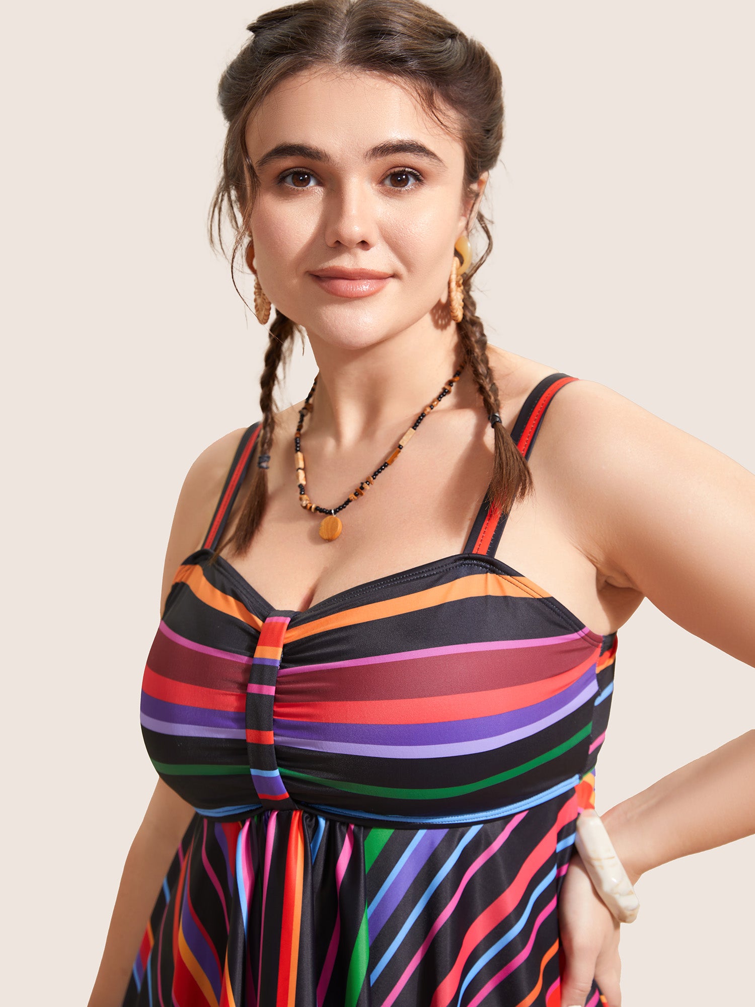 Heart Neckline Striped Contrast Gathered Swim Top