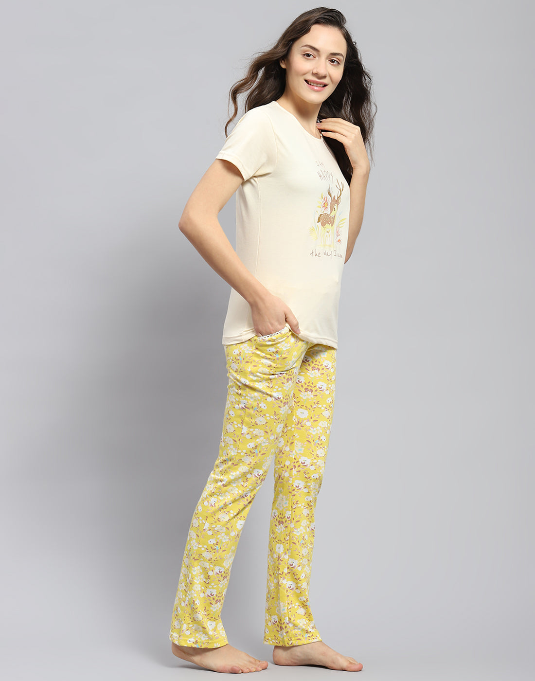 Women Yellow Printed Round Neck Half Sleeve Lower Set