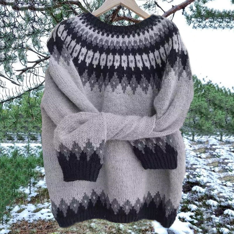 Unisex Vintage Icelandic Gray Knit Jacquard Warmth Crew Neck Sweater