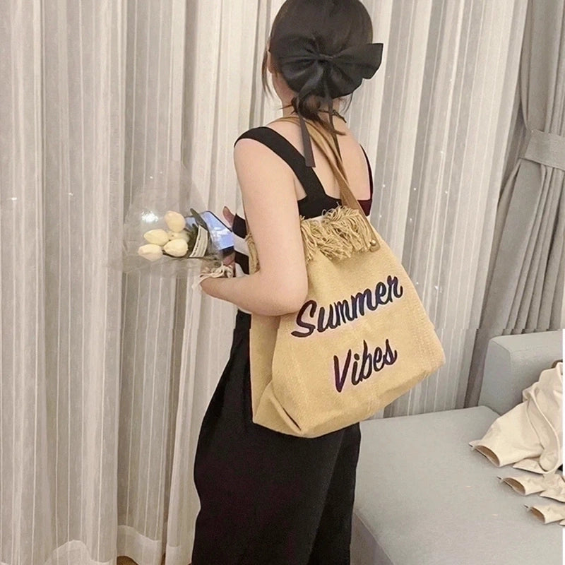 Women's Large Canvas Letter Solid Color Streetwear Square Magnetic Buckle Shoulder Bag Canvas Bag Tote Bag