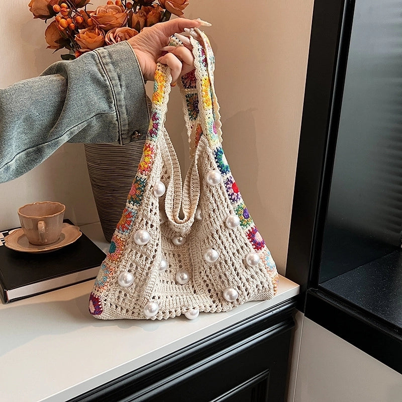 Women's Large Knit Solid Color Flower Basic Classic Style Pearls Weave Open Straw Bag