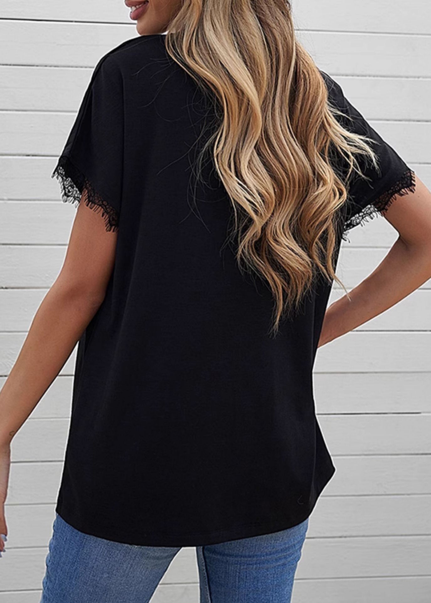 Casual Black Lace Patchwork Solid T Shirt Short Sleeve