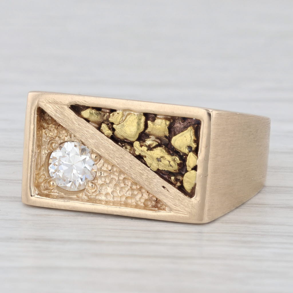 Men's Diamond Solitaire Nugget Ring 14k 18k Yellow Gold Size 10