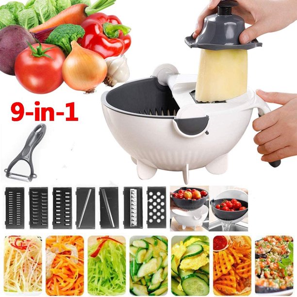 New 9 in 1 Multifunction Magic Rotate Vegetable Cutter with Drain Basket