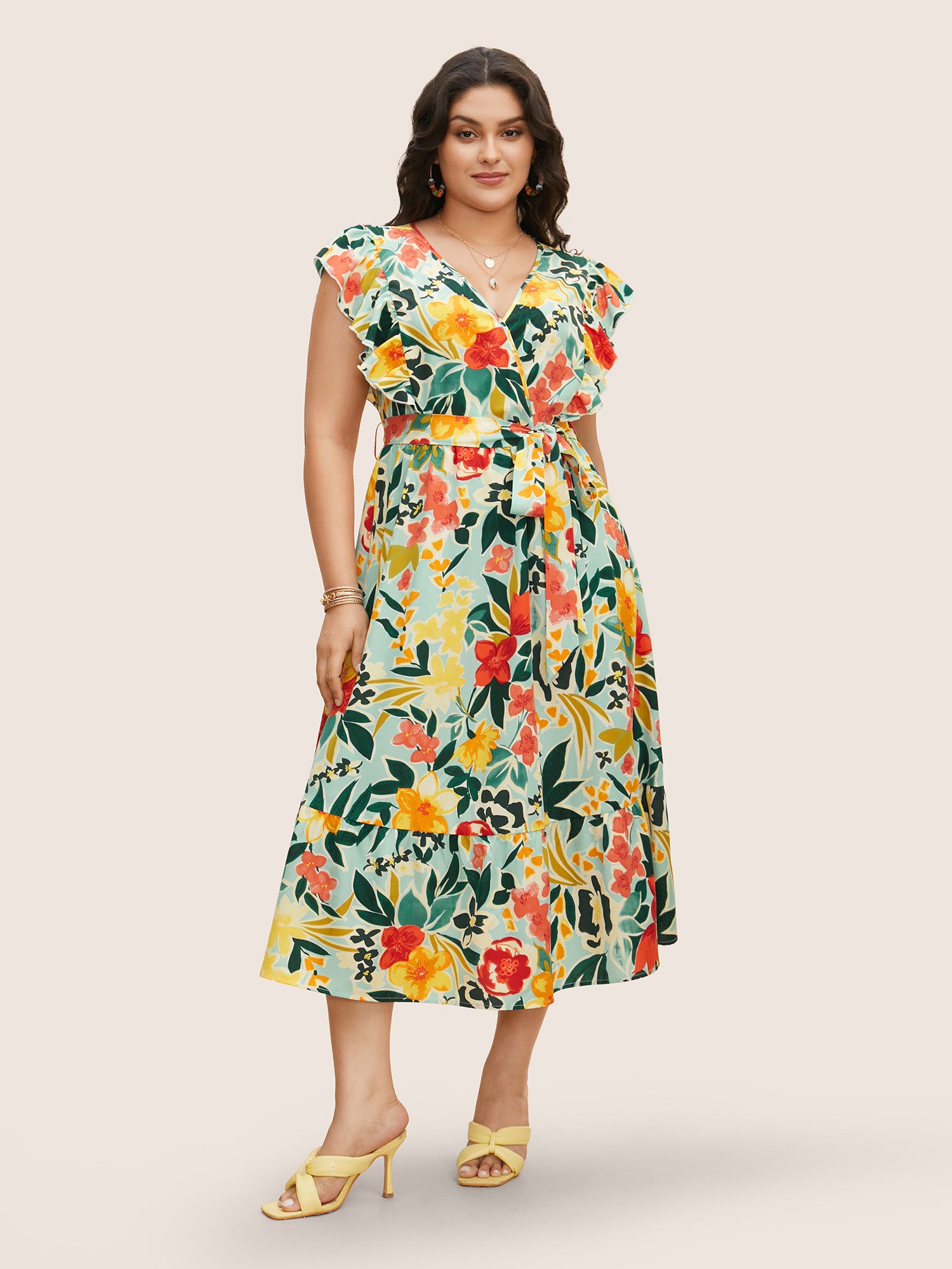 Floral Wrap Patchwork Ruffle Cap Sleeve Dress