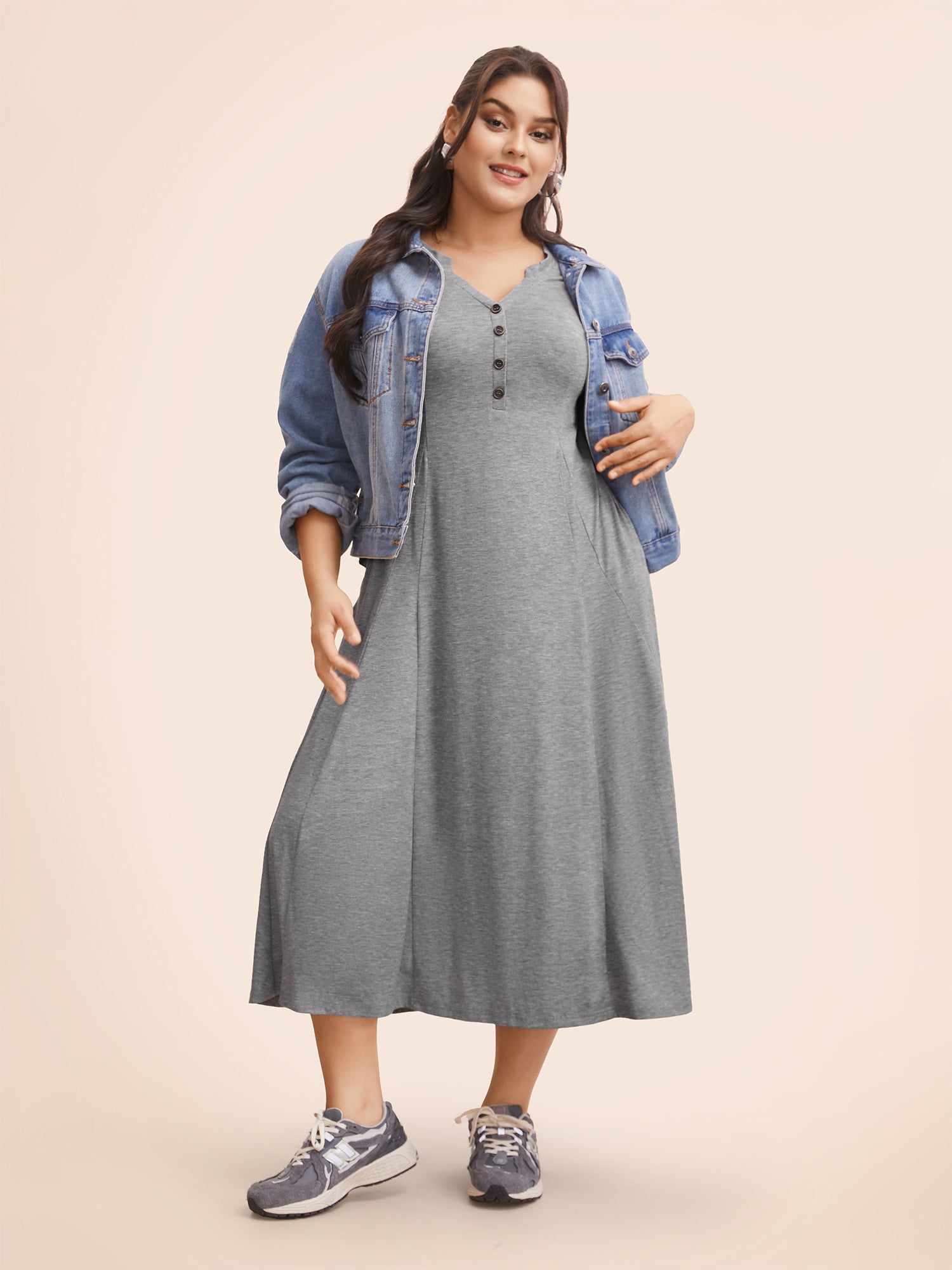 Notched Solid Heather Midi Dress