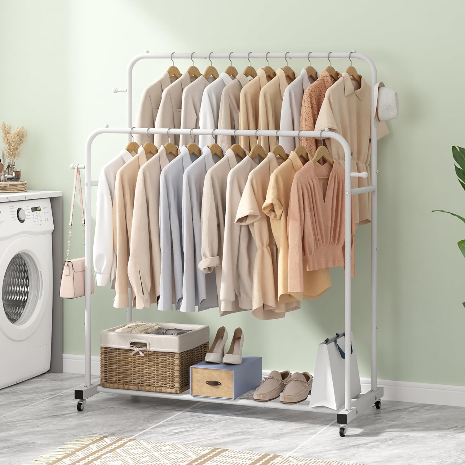 Laiensia Double Rods Garment Rack with Wheels, Clothing Rack for Hanging Clothes,4 Hooks, Multi-functional Bedroom Clothes Rack, Black