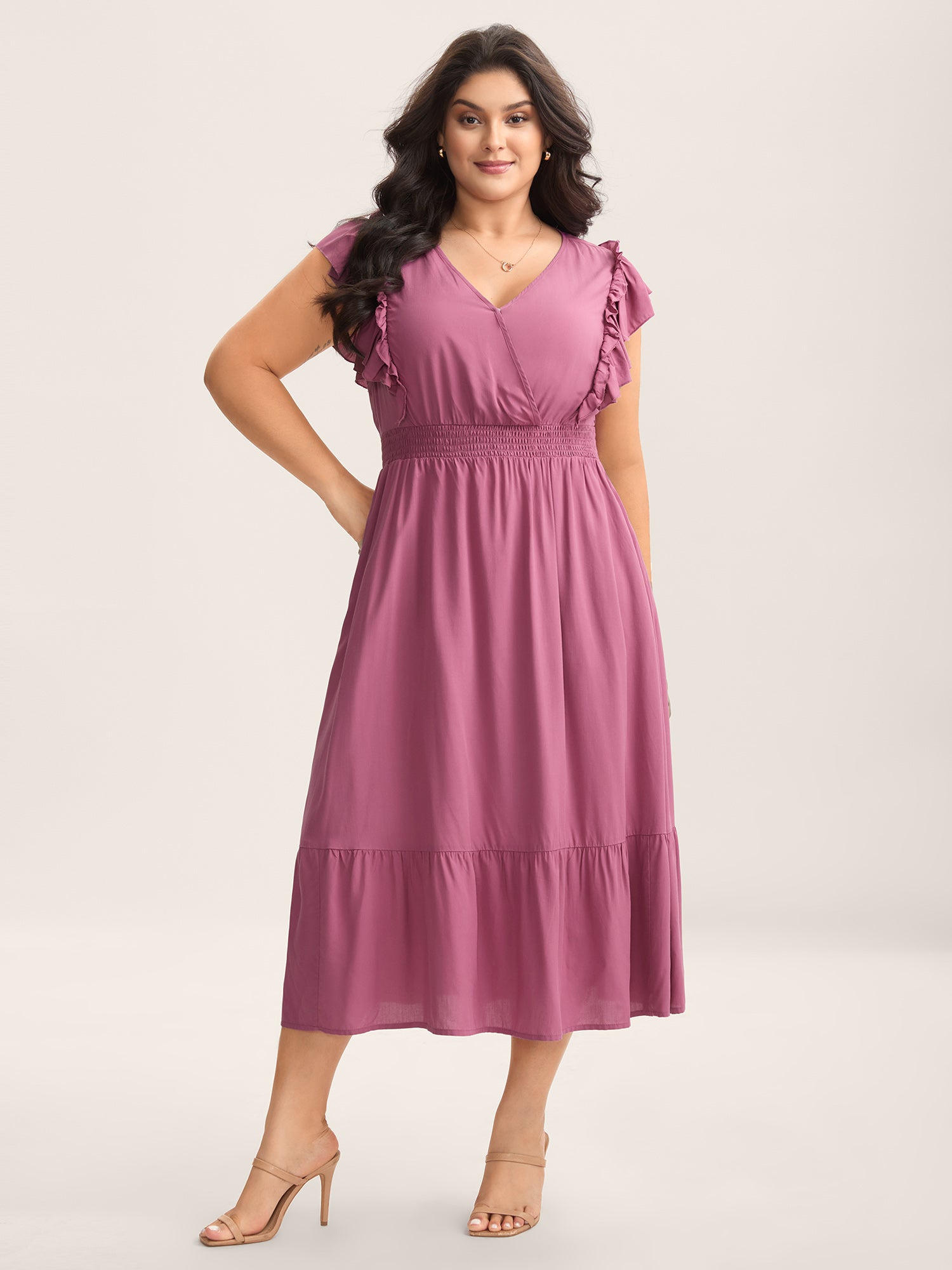 Rayon Ruffled Shirred Waist Solid Midi Dress