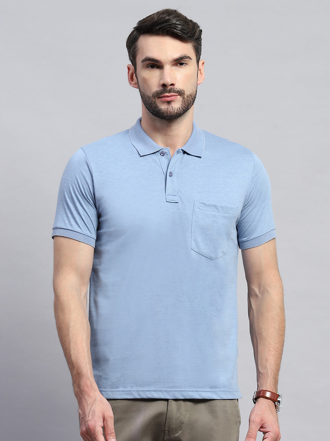 Men Blue Solid Collar Half Sleeve T-Shirt